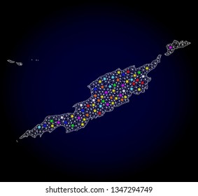 Polygonal vector map of Anguilla Islands with glow effect on a black background. Abstract triangles, lines, light colored spots, dots forms map of Anguilla Islands. White mesh,