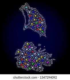 Polygonal vector map of Antigua and Barbuda with glare effect on a black background. Abstract triangles, lines, light colorful spots, dots forms map of Antigua and Barbuda. White mesh,