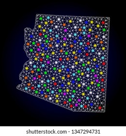 Polygonal vector map of Arizona State with glare effect on a black background. Abstract triangles, lines, light colorful spots, dots forms map of Arizona State. White mesh,