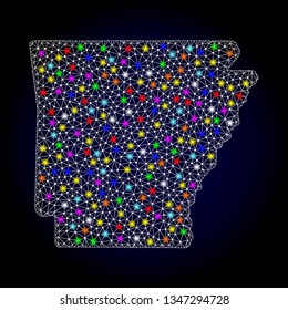Polygonal vector map of Arkansas State with glare effect on a black background. Abstract triangles, lines, light colorful spots, nodes forms map of Arkansas State. White mesh,