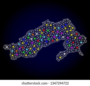 Polygonal vector map of Arunachal Pradesh State with glare effect on a black background. Abstract triangles, lines, light colorful spots, dots forms map of Arunachal Pradesh State. White mesh,