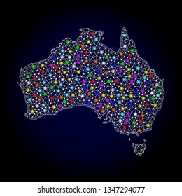 Polygonal vector map of Australia with glare effect on a black background. Abstract triangles, lines, light colorful spots, nodes forms map of Australia. White mesh,