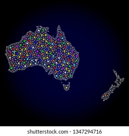 Polygonal vector map of Australia and New Zealand with glare effect on a black background. Abstract triangles, lines, light colored spots, points forms map of Australia and New Zealand. White mesh,