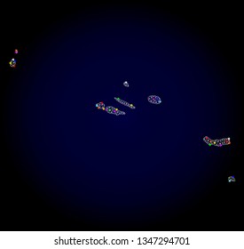 Polygonal vector map of Azores Islands with glow effect on a black background. Abstract triangles, lines, light colorful spots, points forms map of Azores Islands. White mesh,