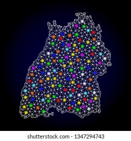 Polygonal vector map of Baden-Wurttemberg State with glow effect on a black background. Abstract triangles, lines, light colorful spots, dots forms map of Baden-Wurttemberg State. White mesh,
