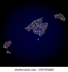 Polygonal vector map of Balearic Islands with glow effect on a black background. Abstract triangles, lines, light colored spots, dots forms map of Balearic Islands. White mesh,