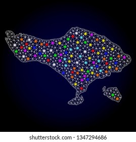 Polygonal vector map of Bali Island with glow effect on a black background. Abstract triangles, lines, light colorful spots, points forms map of Bali Island. White mesh,