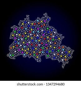 Polygonal vector map of Berlin City with glow effect on a black background. Abstract triangles, lines, light colorful spots, points forms map of Berlin City. White mesh,