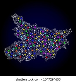 Polygonal vector map of Bihar State with glare effect on a black background. Abstract triangles, lines, light colorful spots, dots forms map of Bihar State. White mesh,