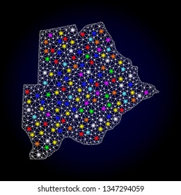 Polygonal vector map of Botswana with glare effect on a black background. Abstract triangles, lines, light colorful spots, dots forms map of Botswana. White mesh,
