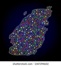 Polygonal vector map of Bowen Island with glow effect on a black background. Abstract triangles, lines, light colorful spots, points forms map of Bowen Island. White mesh,