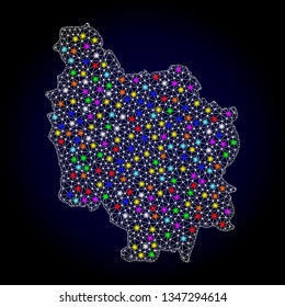 Polygonal vector map of Burgundy Province with glow effect on a black background. Abstract triangles, lines, light colorful spots, dots forms map of Burgundy Province. White mesh,