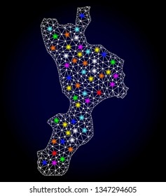 Polygonal vector map of Calabria region with glow effect on a black background. Abstract triangles, lines, light colored spots, nodes forms map of Calabria region. White mesh,