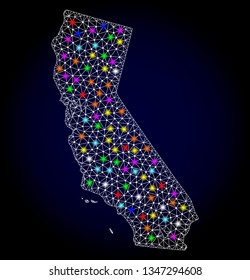 Polygonal vector map of California with glare effect on a black background. Abstract triangles, lines, light colorful spots, nodes forms map of California. White mesh,