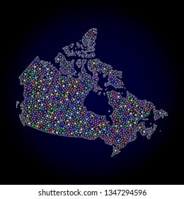 Polygonal vector map of Canada with glare effect on a black background. Abstract triangles, lines, light colored spots, nodes forms map of Canada. White mesh,