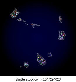 Polygonal vector map of Cape Verde Islands with glow effect on a black background. Abstract triangles, lines, light colorful spots, points forms map of Cape Verde Islands. White mesh,