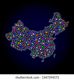 Polygonal vector map of China with glow effect on a black background. Abstract triangles, lines, light colorful spots, points forms map of China. White mesh,
