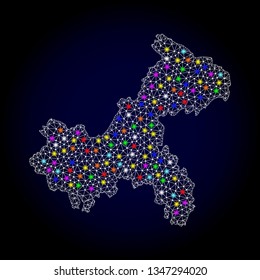 Polygonal vector map of Chongqing Municipality with glare effect on a black background. Abstract triangles, lines, light colored spots, nodes forms map of Chongqing Municipality. White mesh,