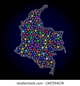 Polygonal vector map of Colombia with glare effect on a black background. Abstract triangles, lines, light colorful spots, nodes forms map of Colombia. White mesh,