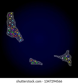 Polygonal vector map of Comoros Islands with glow effect on a black background. Abstract triangles, lines, light colored spots, dots forms map of Comoros Islands. White mesh,