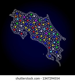 Polygonal vector map of Costa Rica with glare effect on a black background. Abstract triangles, lines, light colorful spots, dots forms map of Costa Rica. White mesh,