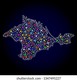 Polygonal vector map of Crimea with glare effect on a black background. Abstract triangles, lines, light colorful spots, points forms map of Crimea. White mesh,