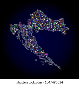Polygonal vector map of Croatia with glow effect on a black background. Abstract triangles, lines, light colorful spots, points forms map of Croatia. White mesh,