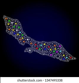Polygonal vector map of Curacao Island with glow effect on a black background. Abstract triangles, lines, light colored spots, nodes forms map of Curacao Island. White mesh,