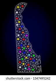 Polygonal vector map of Delaware State with glare effect on a black background. Abstract triangles, lines, light colorful spots, nodes forms map of Delaware State. White mesh,