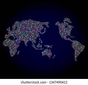 Polygonal vector map of Earth with glow effect on a black background. Abstract triangles, lines, light colored spots, points forms map of Earth. White mesh,