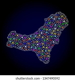 Polygonal vector map of El Hierro Island with glow effect on a black background. Abstract triangles, lines, light colorful spots, nodes forms map of El Hierro Island. White mesh,
