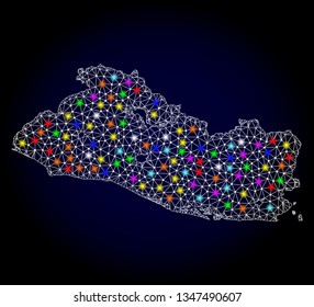 Polygonal vector map of El Salvador with glow effect on a black background. Abstract triangles, lines, light colored spots, dots forms map of El Salvador. White mesh,
