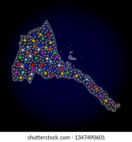Polygonal vector map of Eritrea with glare effect on a black background. Abstract triangles, lines, light colored spots, points forms map of Eritrea. White mesh,