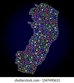Polygonal vector map of Espirito Santo State with glare effect on a black background. Abstract triangles, lines, light colorful spots, dots forms map of Espirito Santo State. White mesh,