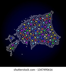 Polygonal vector map of Estonia with glare effect on a black background. Abstract triangles, lines, light colored spots, nodes forms map of Estonia. White mesh,