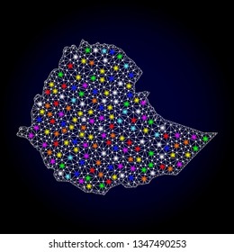 Polygonal vector map of Ethiopia with glare effect on a black background. Abstract triangles, lines, light colorful spots, points forms map of Ethiopia. White mesh,