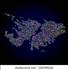 Polygonal vector map of Falkland Islands with glare effect on a black background. Abstract triangles, lines, light colorful spots, nodes forms map of Falkland Islands. White mesh,