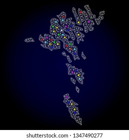 Polygonal vector map of Faroe Islands with glare effect on a black background. Abstract triangles, lines, light colored spots, dots forms map of Faroe Islands. White mesh,