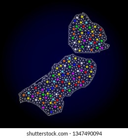 Polygonal vector map of Flevoland Province with glow effect on a black background. Abstract triangles, lines, light colorful spots, nodes forms map of Flevoland Province. White mesh,