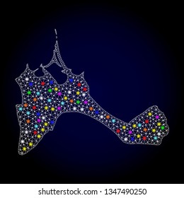 Polygonal vector map of Formentera Island with glare effect on a black background. Abstract triangles, lines, light colorful spots, dots forms map of Formentera Island. White mesh,