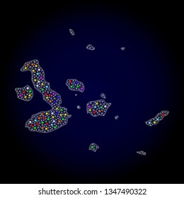 Polygonal vector map of Galapagos Islands with glow effect on a black background. Abstract triangles, lines, light colorful spots, dots forms map of Galapagos Islands. White mesh,