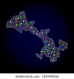 Polygonal vector map of Gansu Province with glare effect on a black background. Abstract triangles, lines, light colorful spots, dots forms map of Gansu Province. White mesh,