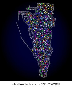 Polygonal vector map of Gibraltar with glare effect on a black background. Abstract triangles, lines, light colored spots, dots forms map of Gibraltar. White mesh,