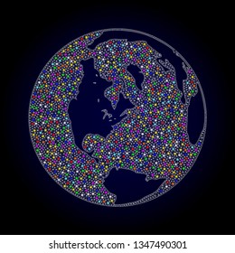 Polygonal vector map of global ocean with glow effect on a black background. Abstract triangles, lines, light colored spots, dots forms map of global ocean. White mesh,