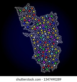 Polygonal vector map of Goa State with glow effect on a black background. Abstract triangles, lines, light colored spots, dots forms map of Goa State. White mesh,