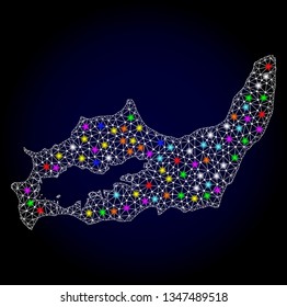 Polygonal vector map of Great Inagua Island with glow effect on a black background. Abstract triangles, lines, light colorful spots, dots forms map of Great Inagua Island. White mesh,