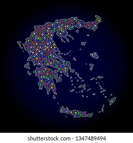 Polygonal vector map of Greece with glow effect on a black background. Abstract triangles, lines, light colored spots, nodes forms map of Greece. White mesh,