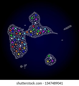 Polygonal vector map of Guadeloupe with glow effect on a black background. Abstract triangles, lines, light colorful spots, nodes forms map of Guadeloupe. White mesh,