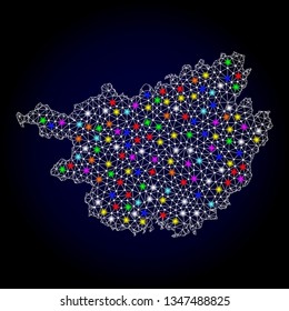 Polygonal vector map of Guangxi Province with glare effect on a black background. Abstract triangles, lines, light colorful spots, nodes forms map of Guangxi Province. White mesh,