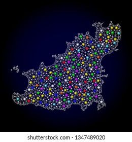Polygonal vector map of Guernsey Island with glare effect on a black background. Abstract triangles, lines, light colorful spots, dots forms map of Guernsey Island. White mesh,